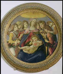 Jungfru och barn med sex änglar, kallad The Madonna of the Pomegranate, ca 1478-79 (tempera på panel) (se 148859 för detaljer)